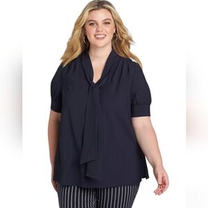 Lane Bryant Crinkle Blue Tie Neck Button Up Size 26 Women's Blouse Top NWT